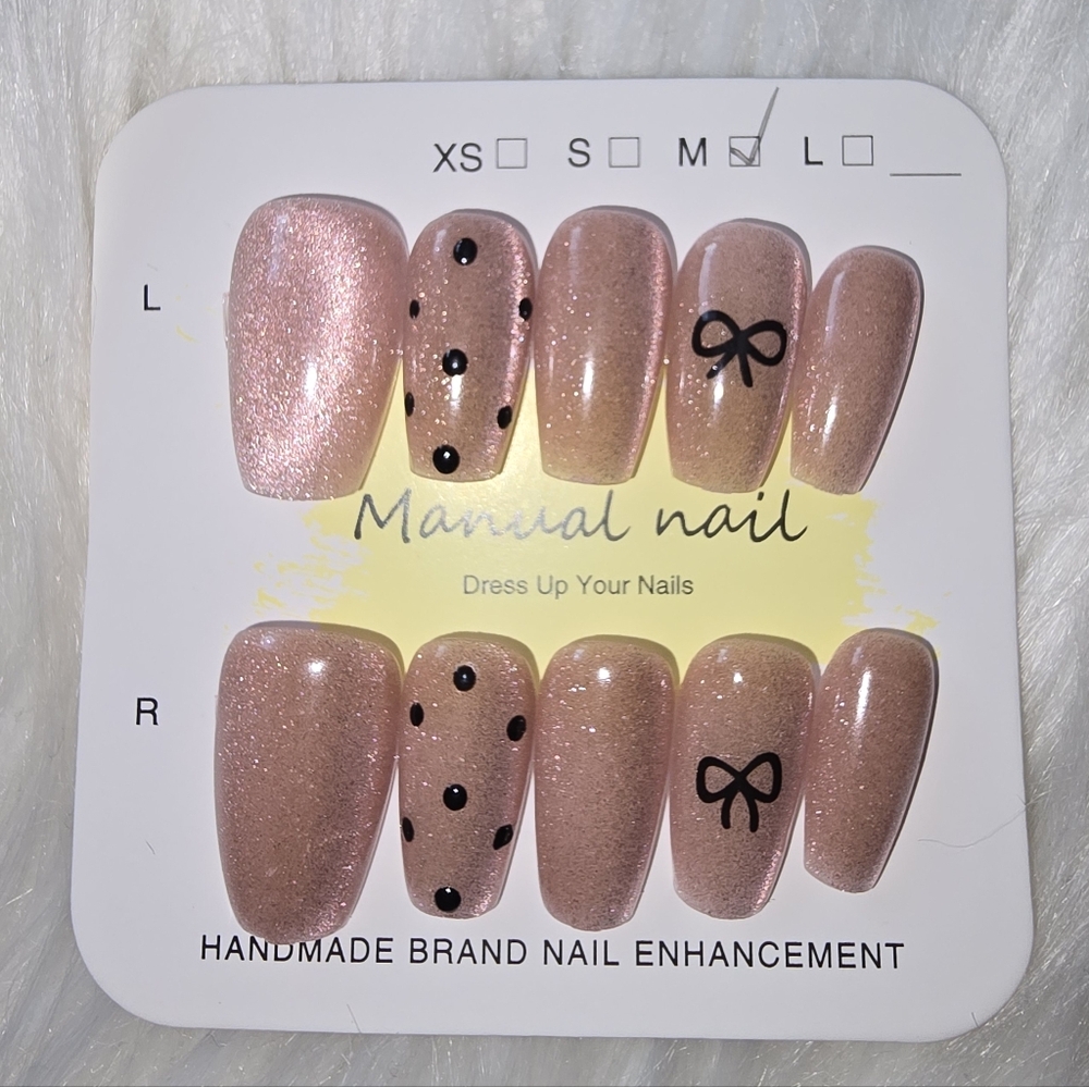 Handmade Press On Nail Pink Glitter Catseye With Pokadots And Bows